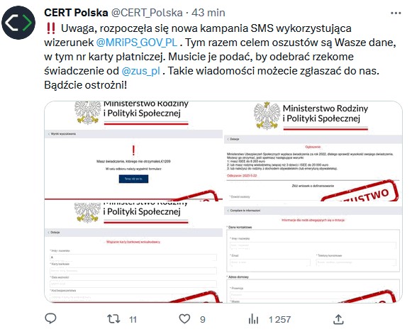 informacja z CERT o oszustach podszywających sie pod Ministerstwo Pracy